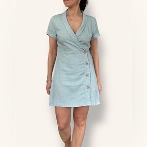 BCBGeneration blue chambray twill button-down linen wrap dress